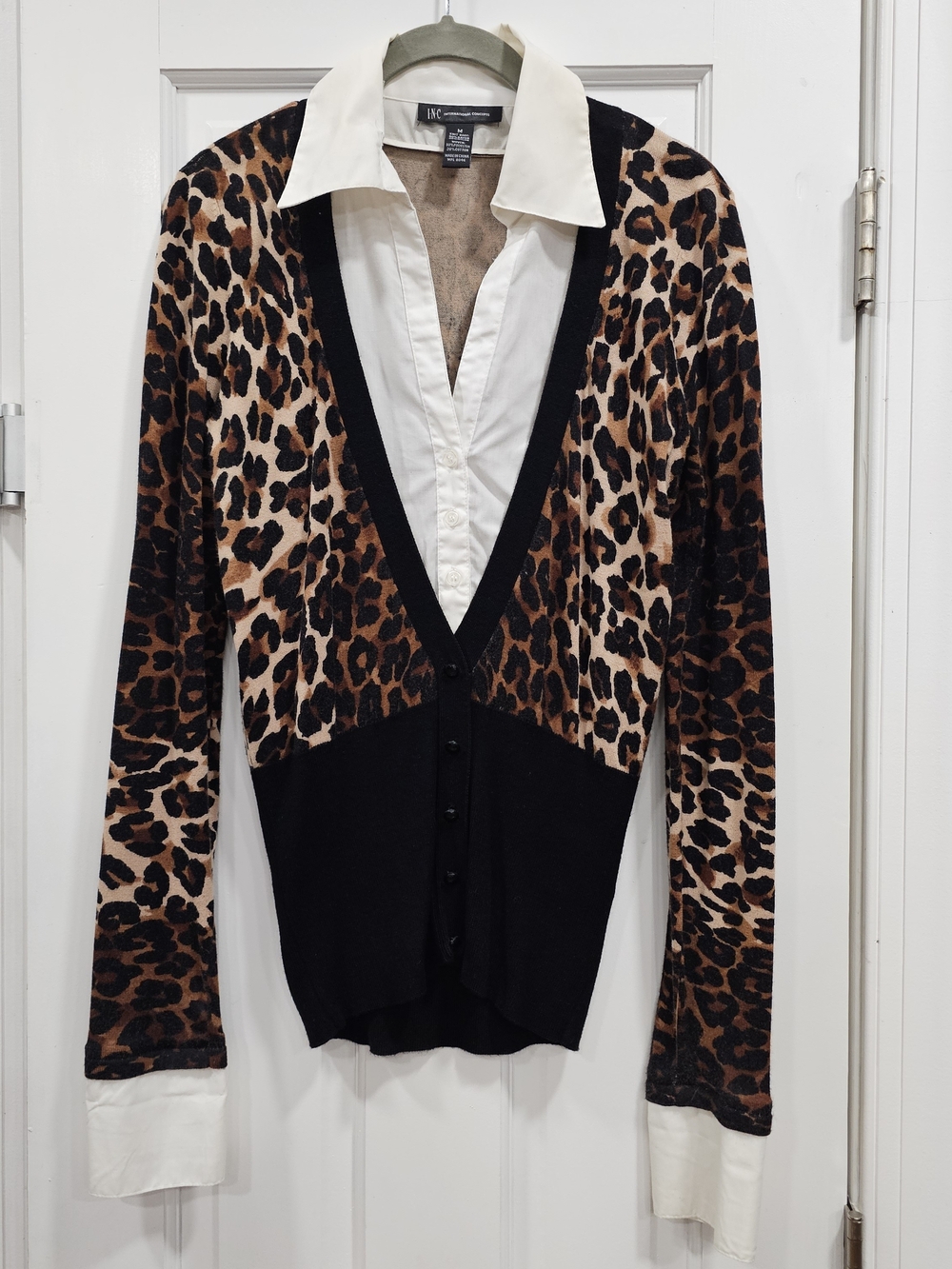 🐆 INC International Concepts Leopard Cardigan Top Faux Layered Shirt Size M